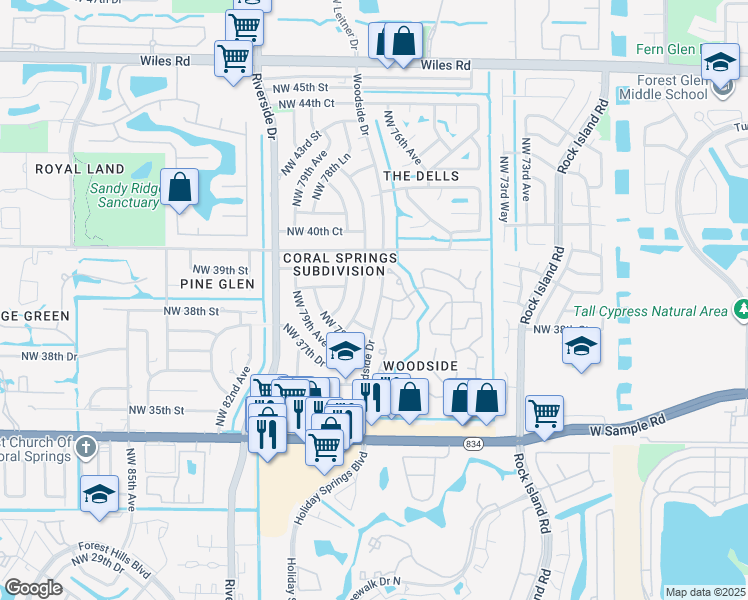 map of restaurants, bars, coffee shops, grocery stores, and more near 3840 Northwest 78th Avenue in Coral Springs