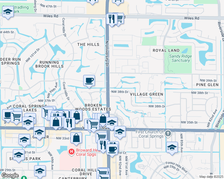 map of restaurants, bars, coffee shops, grocery stores, and more near 9220 Northwest 38th Drive in Coral Springs