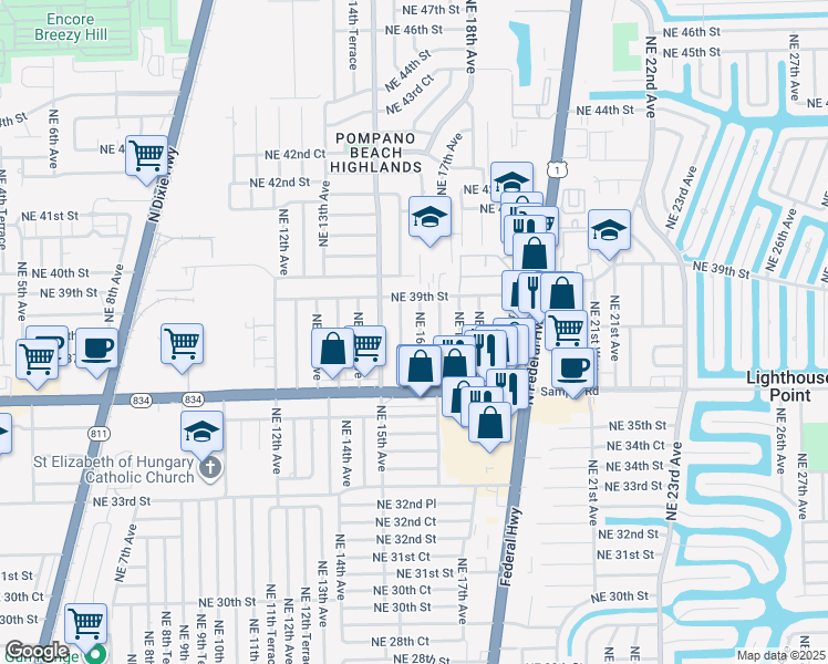 map of restaurants, bars, coffee shops, grocery stores, and more near 3771 Northeast 16th Avenue in Pompano Beach