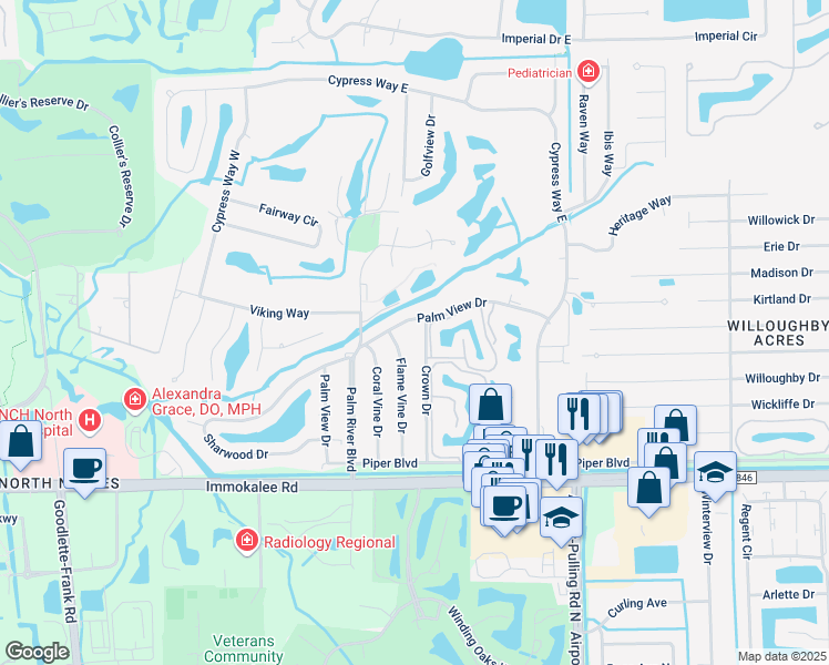 map of restaurants, bars, coffee shops, grocery stores, and more near 165A Crown Drive in Naples