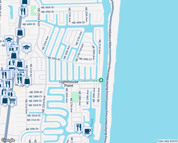 map of restaurants, bars, coffee shops, grocery stores, and more near 3720 Northeast 29th Avenue in Lighthouse Point