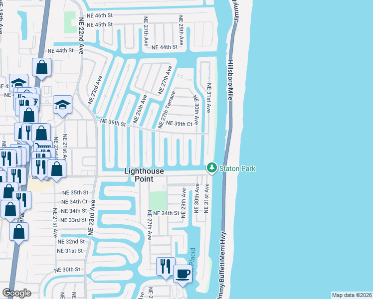 map of restaurants, bars, coffee shops, grocery stores, and more near 3720 Northeast 29th Avenue in Lighthouse Point