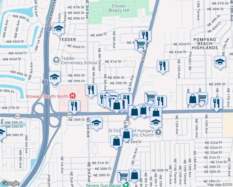 map of restaurants, bars, coffee shops, grocery stores, and more near 580 Northeast 38th Street in Pompano Beach