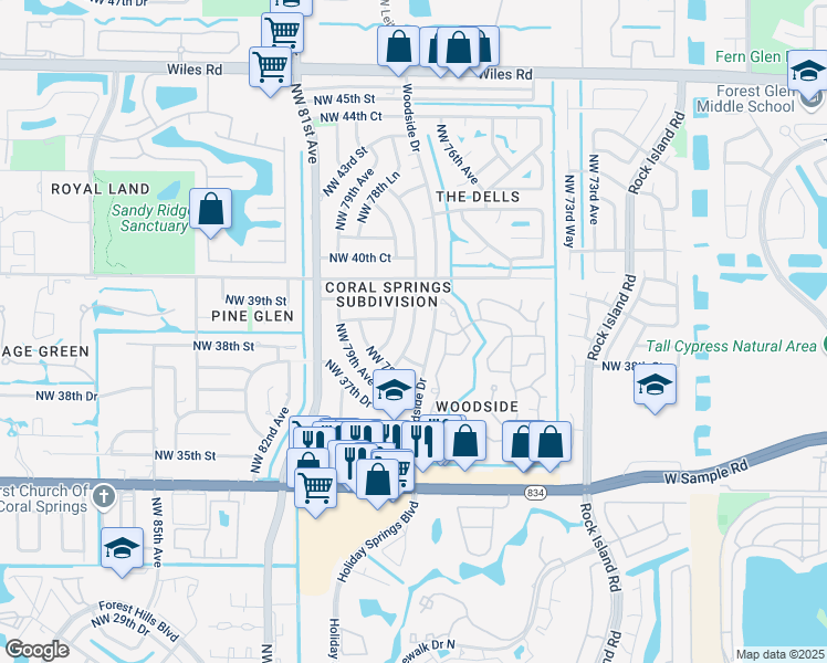 map of restaurants, bars, coffee shops, grocery stores, and more near 3840 Northwest 78th Avenue in Coral Springs