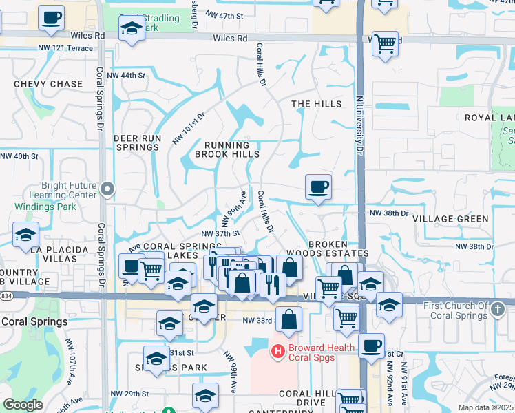 map of restaurants, bars, coffee shops, grocery stores, and more near 9605 Northwest 37th Street in Coral Springs