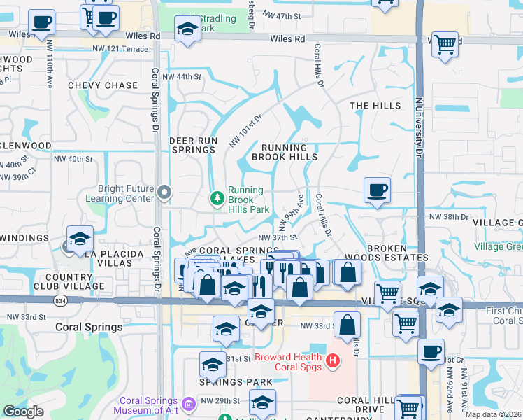 map of restaurants, bars, coffee shops, grocery stores, and more near 3801 Northwest 100th Avenue in Coral Springs