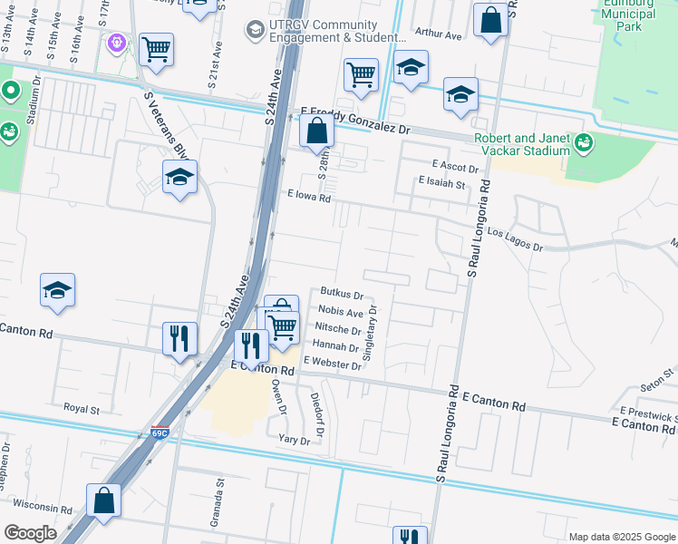 map of restaurants, bars, coffee shops, grocery stores, and more near 1903 Butkus Drive in Edinburg