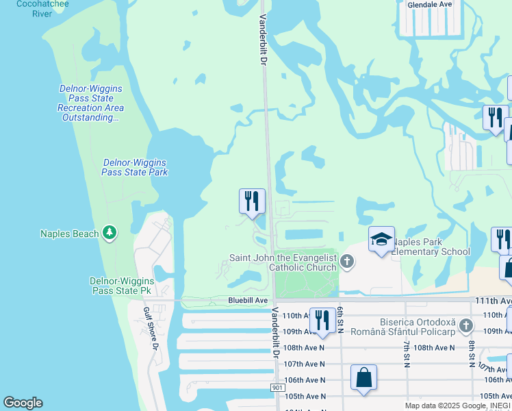 map of restaurants, bars, coffee shops, grocery stores, and more near Indies Way in Naples