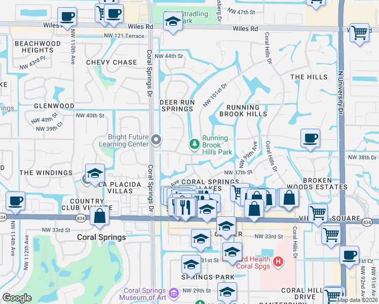map of restaurants, bars, coffee shops, grocery stores, and more near 10251 Northwest 39th Court in Coral Springs