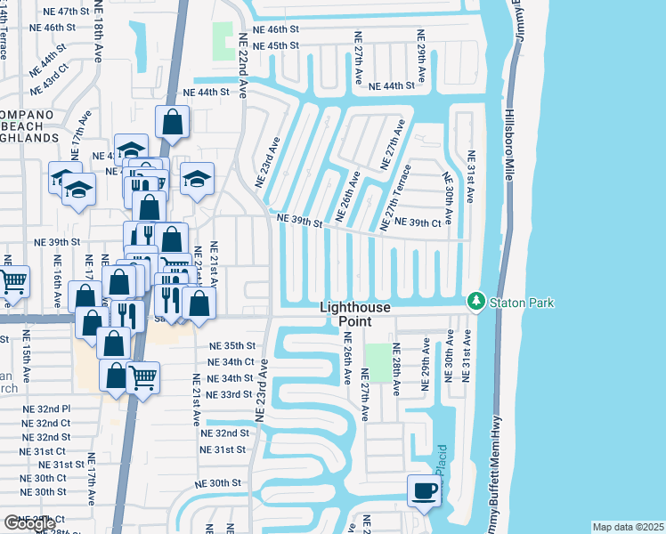 map of restaurants, bars, coffee shops, grocery stores, and more near 3720 Northeast 26th Avenue in Lighthouse Point