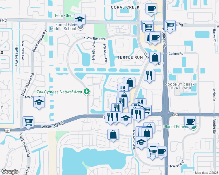 map of restaurants, bars, coffee shops, grocery stores, and more near 3620 Terrapin Lane in Coral Springs