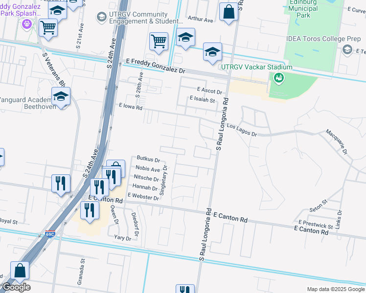 map of restaurants, bars, coffee shops, grocery stores, and more near 2215 Taxco Court in Edinburg