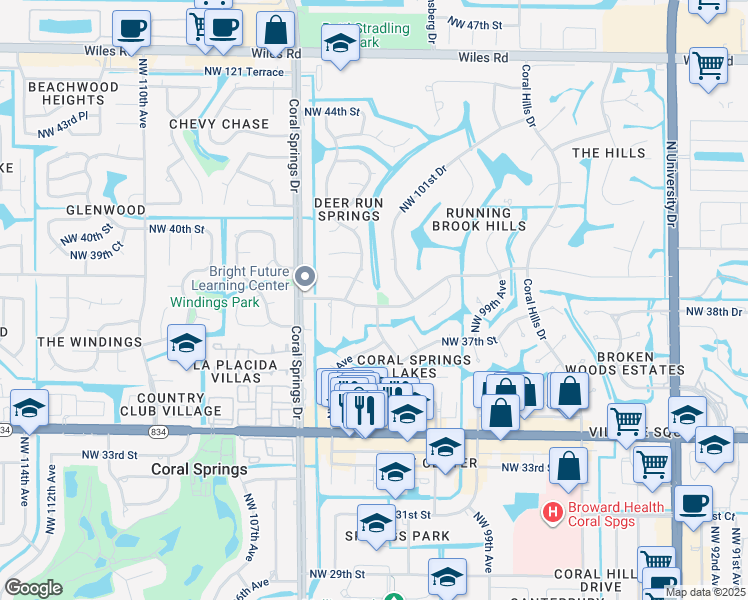 map of restaurants, bars, coffee shops, grocery stores, and more near 3860 Northwest 102nd Avenue in Coral Springs