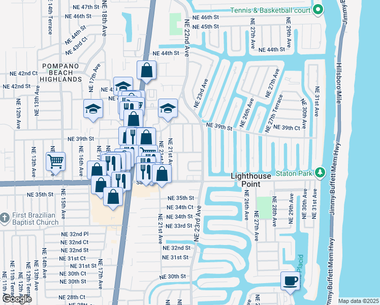 map of restaurants, bars, coffee shops, grocery stores, and more near 2231 Northeast 22nd Terrace in Lighthouse Point