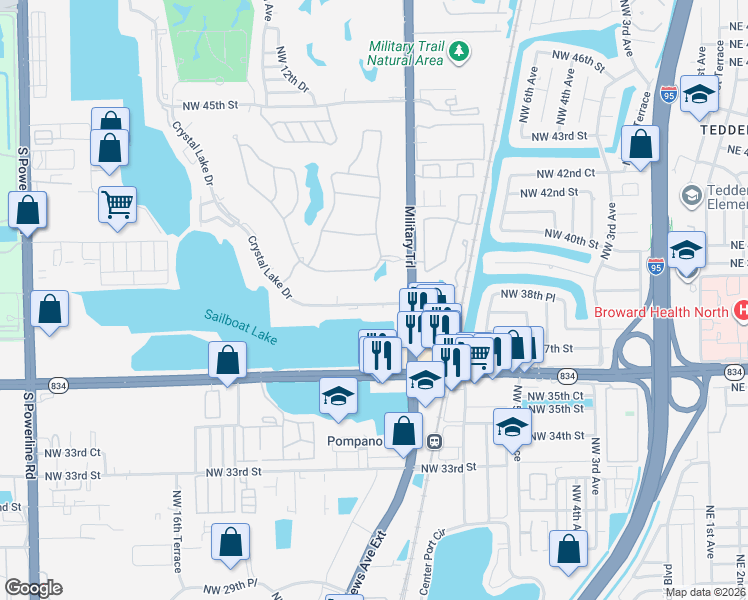 map of restaurants, bars, coffee shops, grocery stores, and more near 1020 Crystal Lake Drive in Pompano Beach