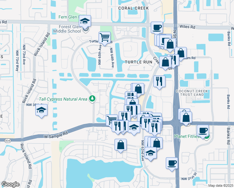 map of restaurants, bars, coffee shops, grocery stores, and more near 3620 Terrapin Lane in Coral Springs