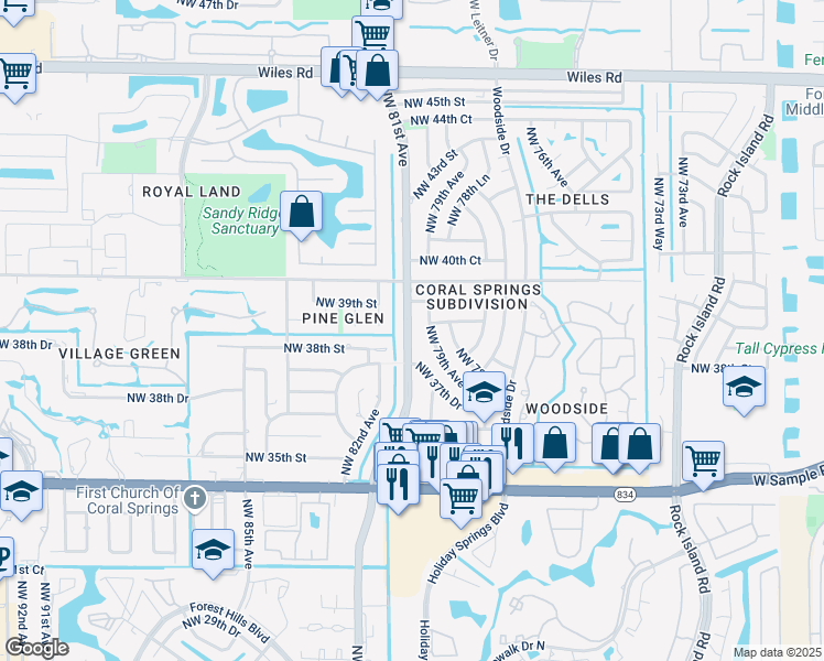 map of restaurants, bars, coffee shops, grocery stores, and more near 3750 Riverside Drive in Coral Springs