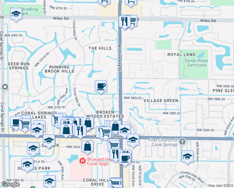map of restaurants, bars, coffee shops, grocery stores, and more near 9220 Northwest 38th Drive in Coral Springs