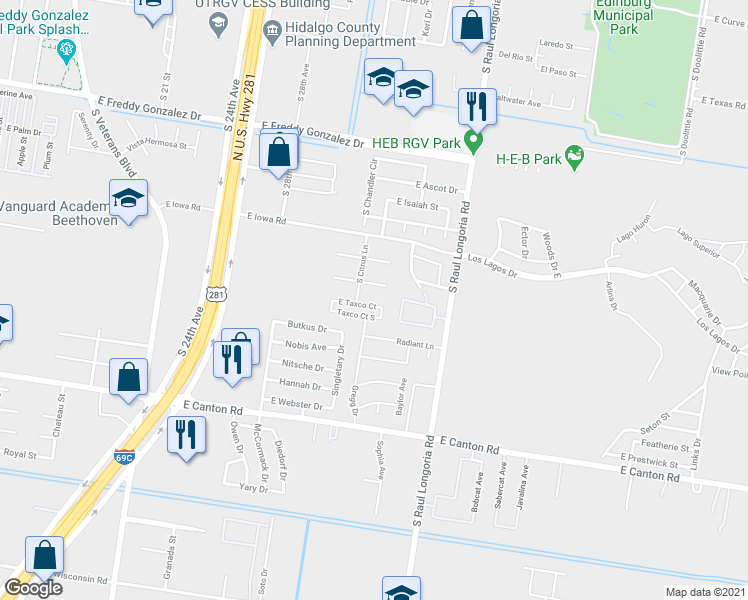 map of restaurants, bars, coffee shops, grocery stores, and more near 2210 Taxco Court in Edinburg
