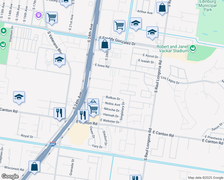map of restaurants, bars, coffee shops, grocery stores, and more near 1903 Butkus Drive in Edinburg