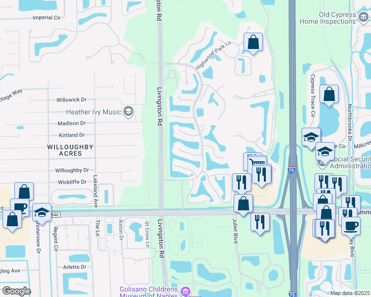 map of restaurants, bars, coffee shops, grocery stores, and more near 5255 Birmingham Drive in Naples