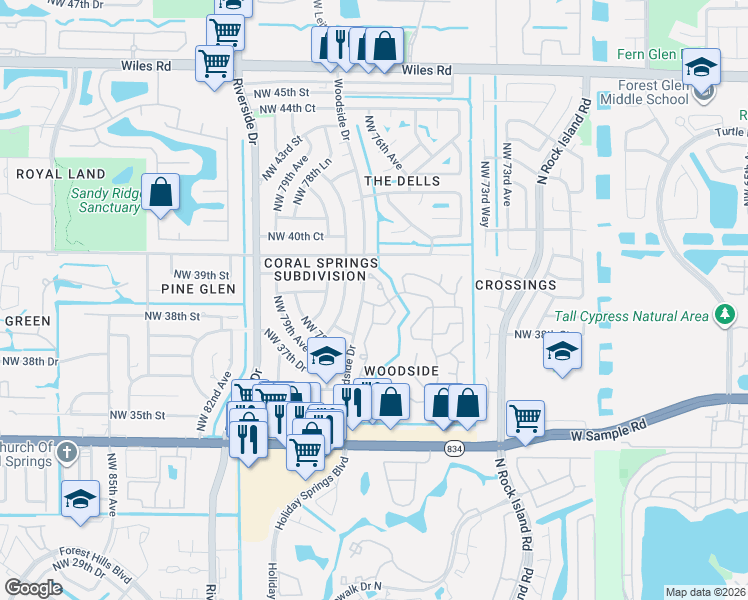 map of restaurants, bars, coffee shops, grocery stores, and more near 3840 Northwest 78th Avenue in Coral Springs