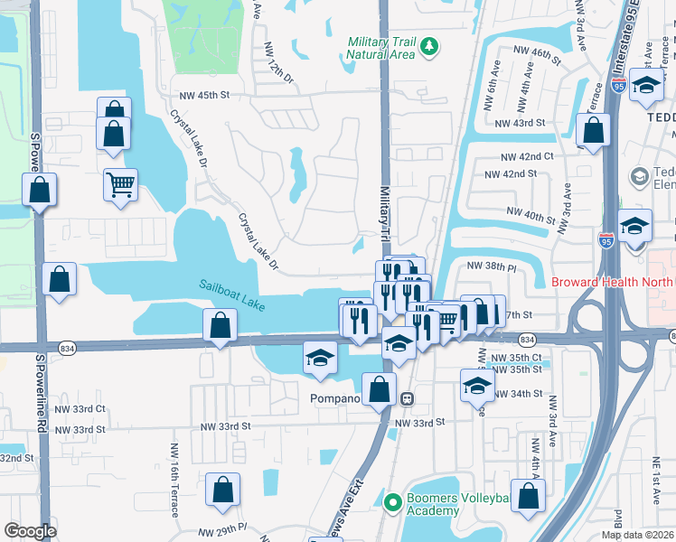 map of restaurants, bars, coffee shops, grocery stores, and more near 1020 Crystal Lake Drive in Pompano Beach
