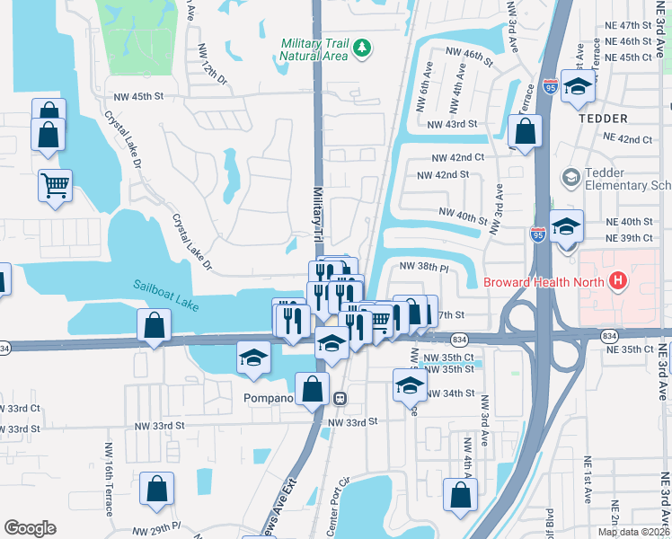 map of restaurants, bars, coffee shops, grocery stores, and more near 821 Crystal Lake Drive in Pompano Beach