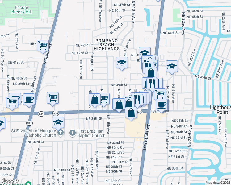 map of restaurants, bars, coffee shops, grocery stores, and more near 3870 Northeast 16th Avenue in Pompano Beach