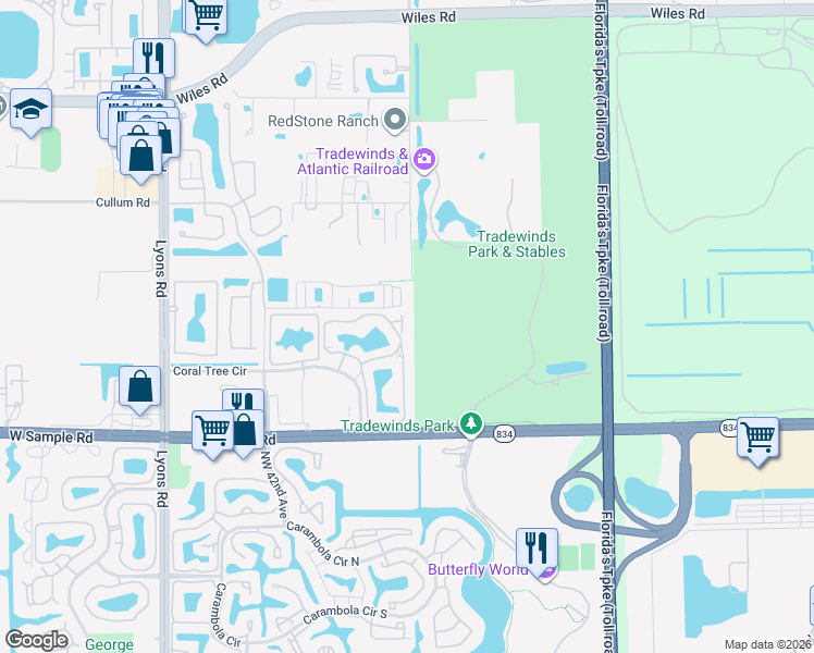 map of restaurants, bars, coffee shops, grocery stores, and more near 3902 Sleepy Orange Lane in Coconut Creek