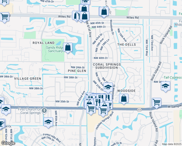 map of restaurants, bars, coffee shops, grocery stores, and more near 3890 Northwest 81st Avenue in Coral Springs