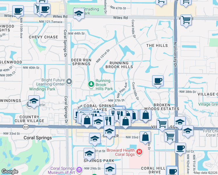 map of restaurants, bars, coffee shops, grocery stores, and more near 10051 Northwest 39th Court in Coral Springs