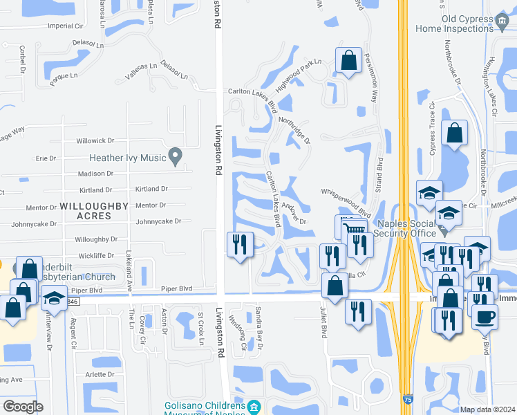 map of restaurants, bars, coffee shops, grocery stores, and more near 5430 Worthington Lane in Naples