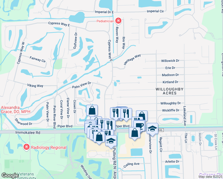 map of restaurants, bars, coffee shops, grocery stores, and more near 215 Cypress Way East in Naples