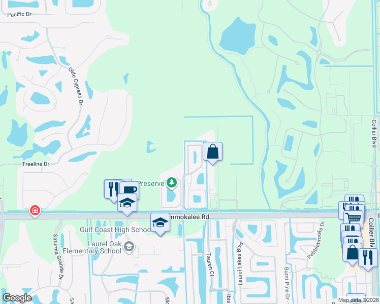 map of restaurants, bars, coffee shops, grocery stores, and more near Dancing Wind Lane in Naples