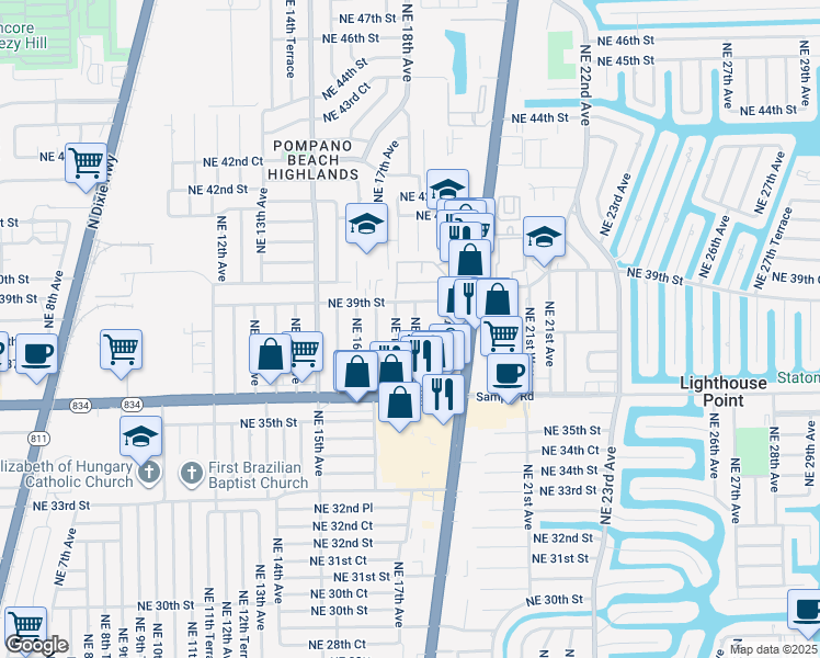 map of restaurants, bars, coffee shops, grocery stores, and more near 3860 Northeast 17th Avenue in Pompano Beach