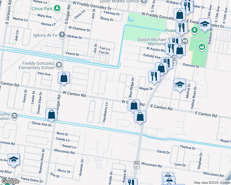 map of restaurants, bars, coffee shops, grocery stores, and more near 2701 Sydney Avenue in Edinburg