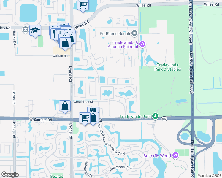 map of restaurants, bars, coffee shops, grocery stores, and more near 4161 Coral Tree Circle in Coconut Creek