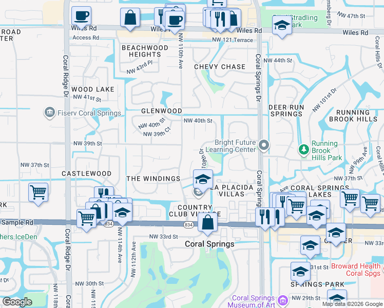 map of restaurants, bars, coffee shops, grocery stores, and more near 3861 Northwest 110th Avenue in Coral Springs