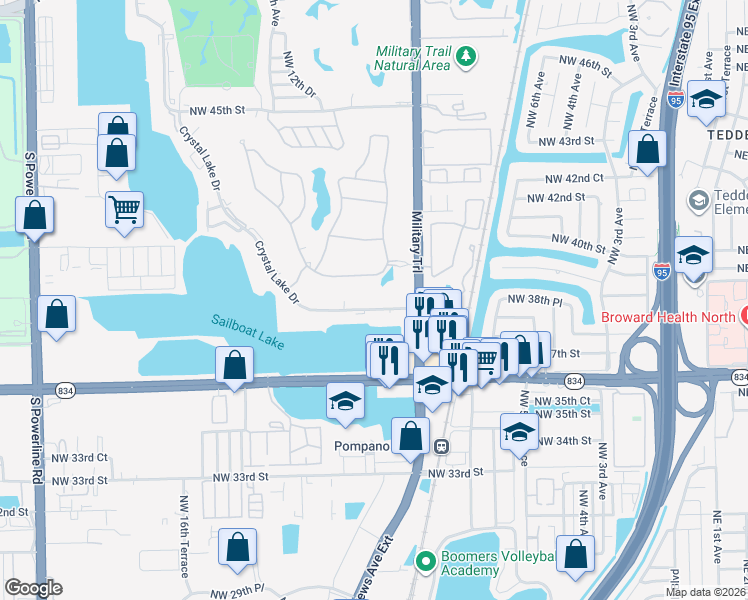 map of restaurants, bars, coffee shops, grocery stores, and more near 1021 Crystal Lake Drive in Pompano Beach