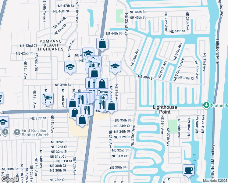 map of restaurants, bars, coffee shops, grocery stores, and more near 12a Northeast 21st Avenue in Lighthouse Point