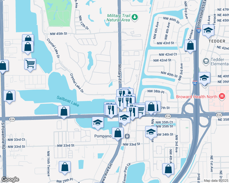 map of restaurants, bars, coffee shops, grocery stores, and more near 3821 Military Trail in Pompano Beach