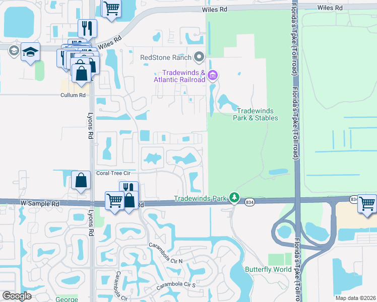 map of restaurants, bars, coffee shops, grocery stores, and more near 3903 Passion Flower Road in Coconut Creek