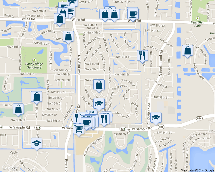 map of restaurants, bars, coffee shops, grocery stores, and more near 3920 Woodside Drive in Coral Springs