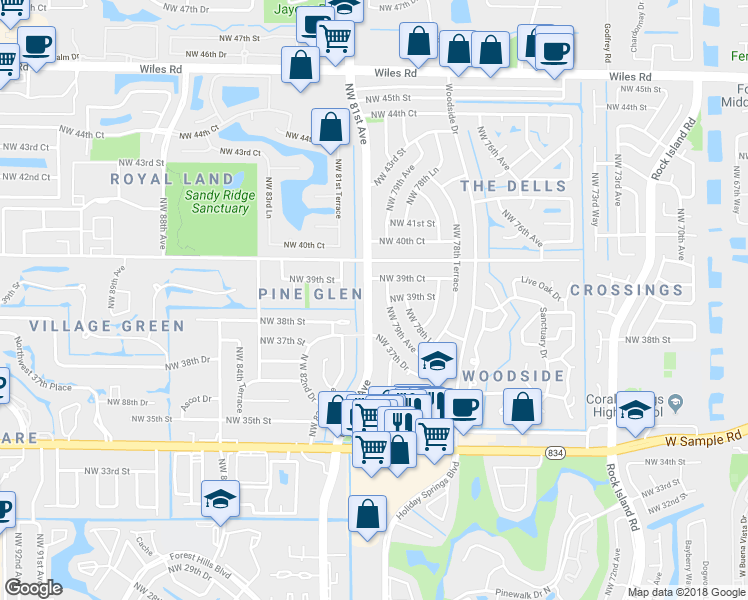 map of restaurants, bars, coffee shops, grocery stores, and more near 3890 Northwest 81st Avenue in Coral Springs