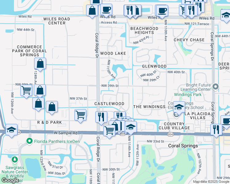 map of restaurants, bars, coffee shops, grocery stores, and more near 11560 Northwest 39th Street in Coral Springs