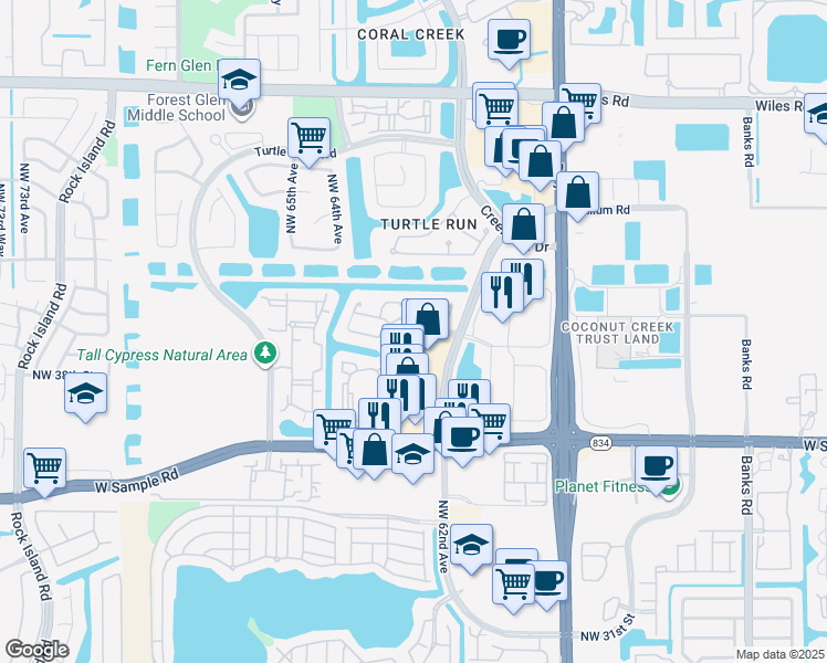 map of restaurants, bars, coffee shops, grocery stores, and more near 3620 Terrapin Ln in Coral Springs