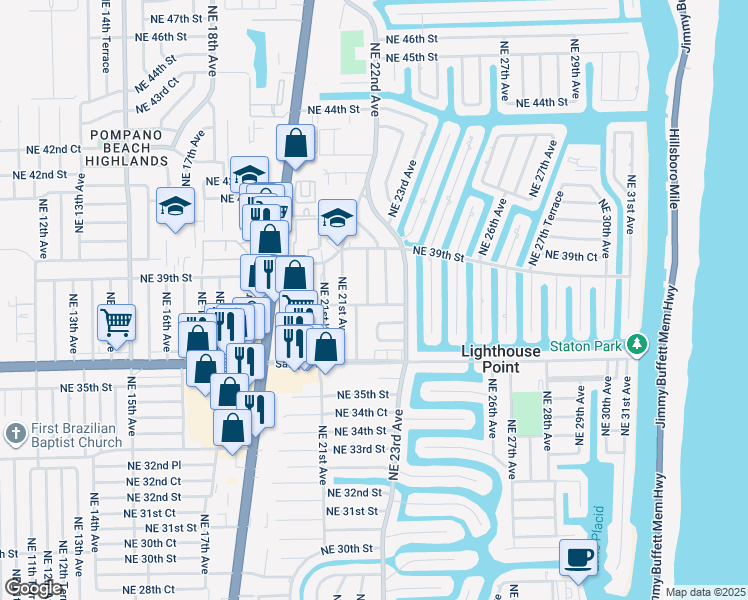 map of restaurants, bars, coffee shops, grocery stores, and more near 3831 Northeast 22nd Way in Lighthouse Point