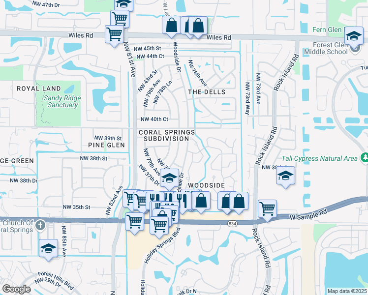 map of restaurants, bars, coffee shops, grocery stores, and more near 3920 Woodside Drive in Coral Springs