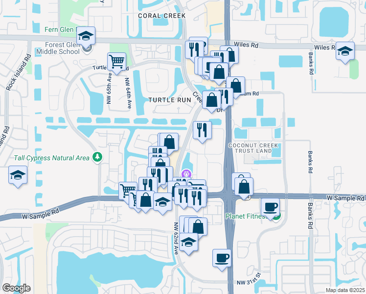 map of restaurants, bars, coffee shops, grocery stores, and more near 3911 Turtle Creek Drive in Coral Springs
